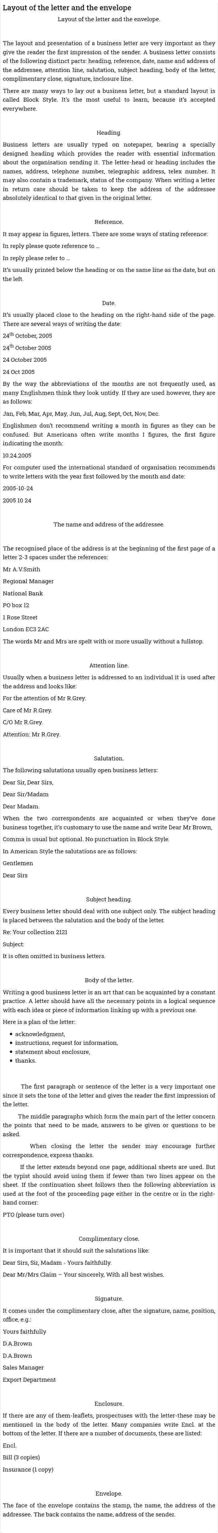 Layout of the letter and the envelope