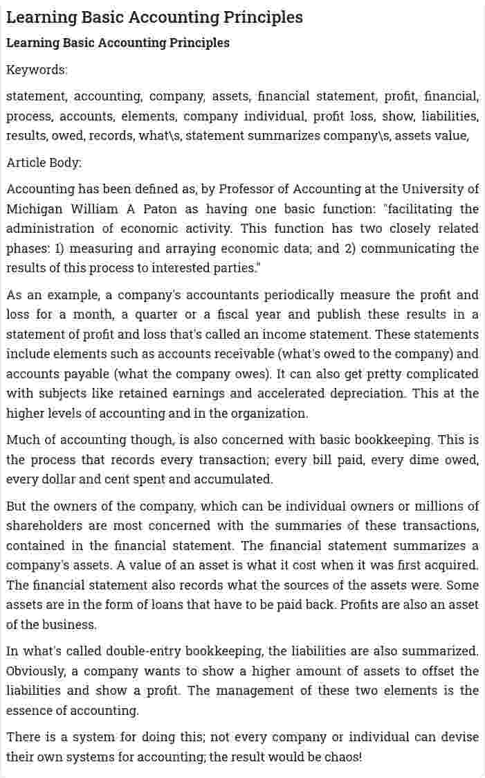 Learning Basic Accounting Principles