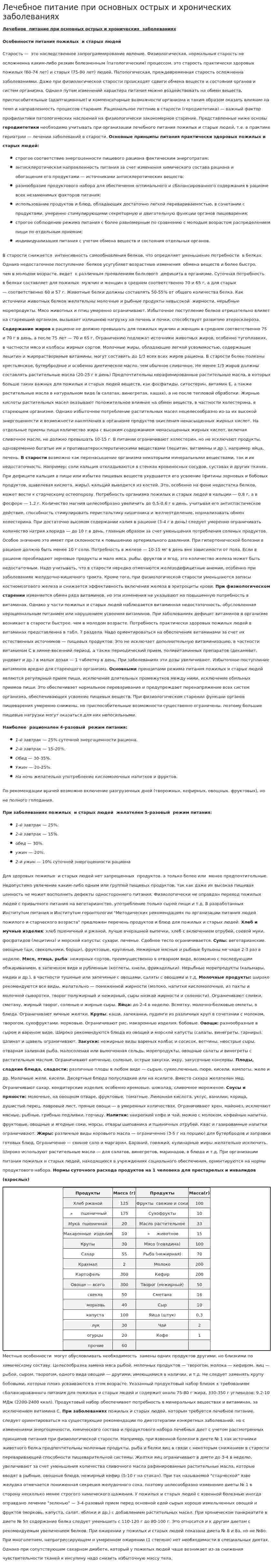 Лечебное питание при основных острых и хронических заболеваниях