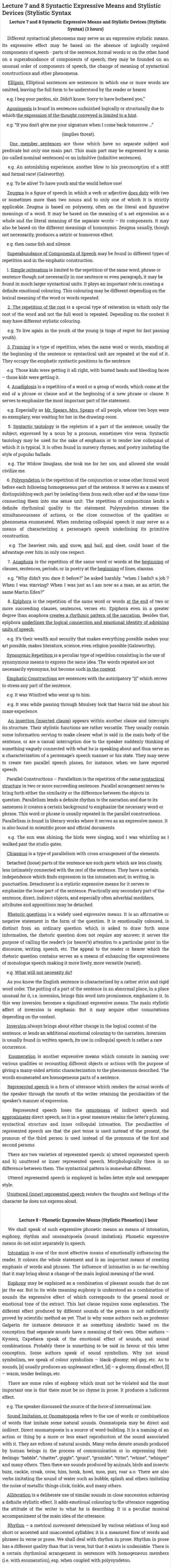 Lecture 7 and 8 Syntactic Expressive Means and Stylistic Devices (Stylistic Syntax