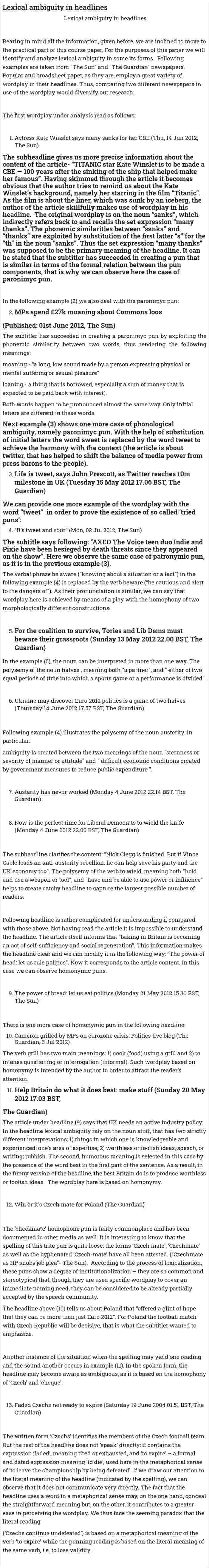 Lexical ambiguity in headlines