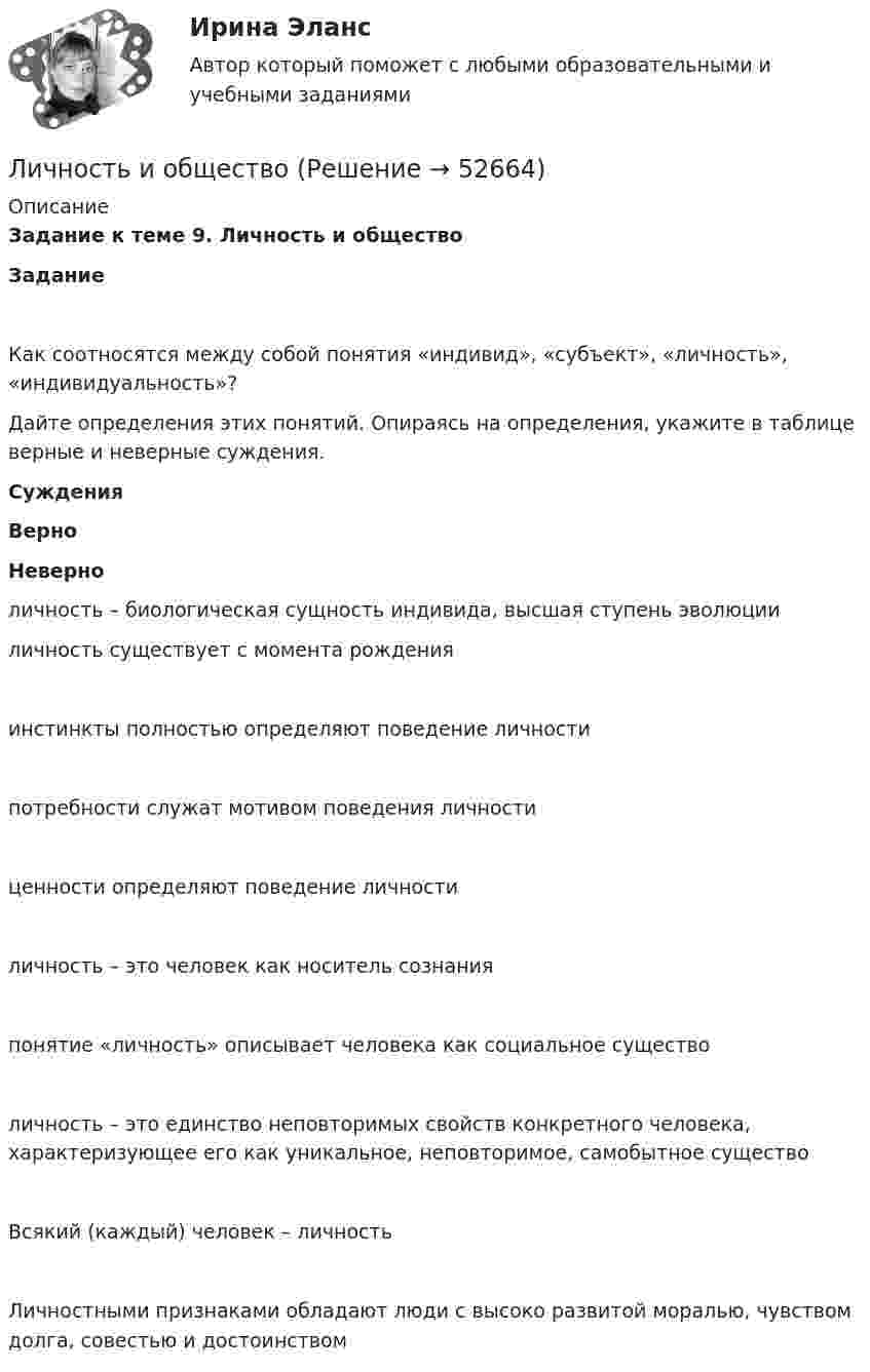     
            Описание
            Задание к теме 9. Личность и обществоЗаданиеКак соотносятся между собой понятия «индивид», «субъект», «личность», «индивидуальность»?Дайте определения этих понятий. Опираясь на определения, укажите в таблице верные и неверные суждения.  Суждения Верно Неверно   личность – биологическая сущность индивида, высшая ступень эволюции    личность существует с момента рождения   инстинкты полностью определяют поведение личности   потребности служат мотивом поведения личности   ценности определяют поведение личности   личность – это человек как носитель сознания   понятие «личность» описывает человека как социальное существо   личность – это единство неповторимых свойств конкретного человека, характеризующее его как уникальное, неповторимое, самобытное существо   Всякий (каждый) человек – личность   Личностными признаками обладают люди с высоко развитой моралью, чувством долга, совестью и достоинством   
            
            
            Личность в ее своеобразии и неповторимости – это:Личность и обществоЛичность как объект и субъект воспитанияЛичность лидера и стиль его поведения влияют на определенные  общественные и индивидуальные процессы – в частности, на процесс … (укажите  3 варианта ответа) актуализации потребностей членов группы в их самопрезентации структуризации и диффличность преступника«Личность преступника»Личные качества потенциального государственного служащего:...Лицо, самостоятельно создавшее информацию либо получившее на основании закона или договора право разрешать или ограничивать доступ к информации:Личная карточка работникаЛичная страничка в социальных сетях называется... Личностное развитиеЛичностное развитие. Индивид, индивидуальность, личностьЛичностные компетенции лидера (по Г. Левинсону) подразделяются на три  группы: … самоконтроль, продуктивность, влияние когнитивные, эмоциональные, коммуникативные стратегическое видение, интенсификация, делегирование Личностные тесты предназначены для оценки