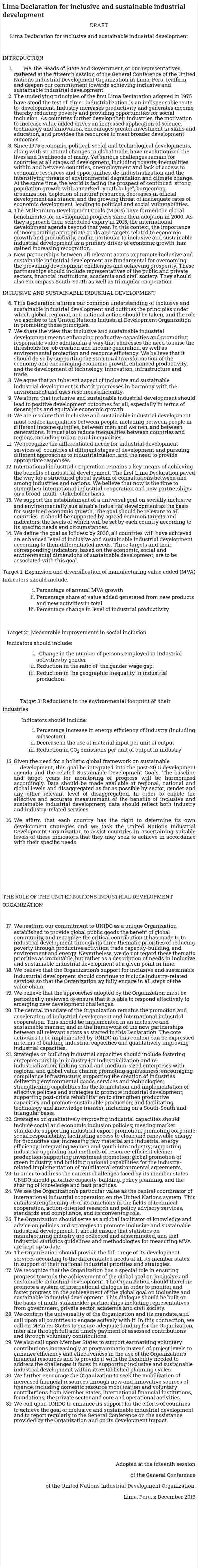 Lima Declaration for inclusive and sustainable industrial development