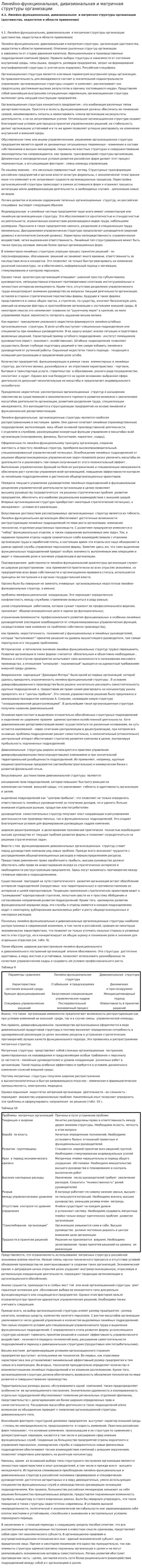 Линейно-функциональная, дивизиональная и матричная структуры организации