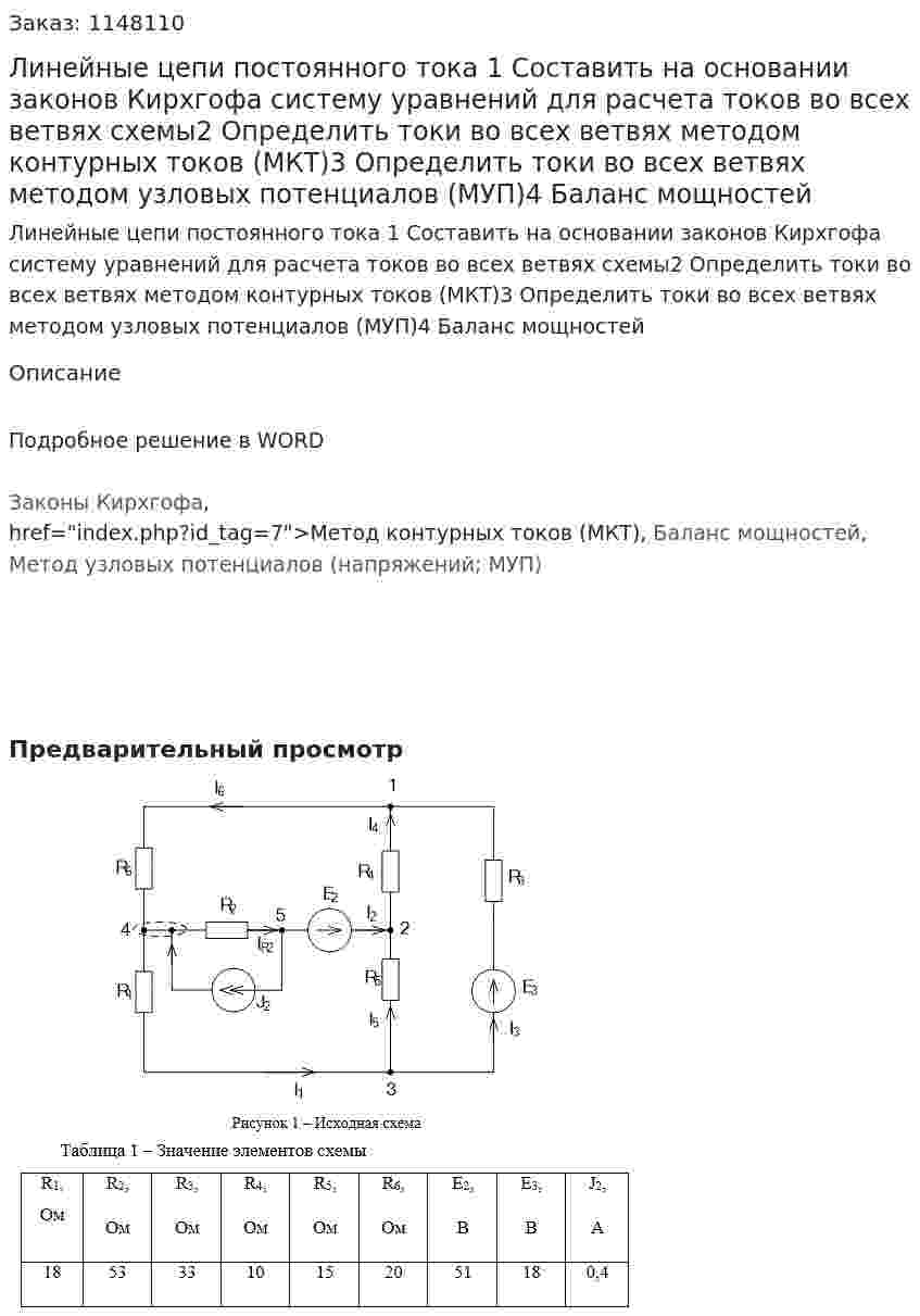 Линейные цепи постоянного тока 1 Составить на основании законов Кирхгофа систему уравнений для расчета токов во всех ветвях схемы2 Определить токи во всех ветвях методом контурных токов (МКТ)3 Определить токи во всех ветвях методом узловых потенциалов (МУП)4 Баланс мощностей  