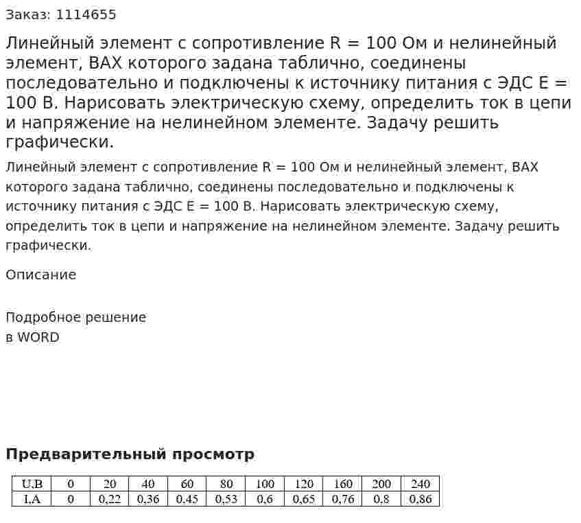 Линейный элемент с сопротивление R = 100 Ом и нелинейный элемент, ВАХ которого задана таблично, соединены последовательно и подключены к источнику питания с ЭДС Е = 100 В. Нарисовать электрическую схему, определить ток в цепи и напряжение на нелинейном элементе. Задачу решить графически. 