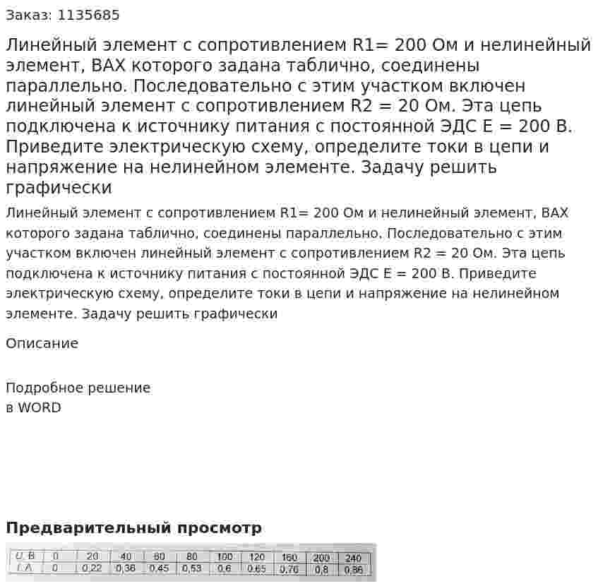 Линейный элемент с сопротивлением R1= 200 Ом и нелинейный элемент, ВАХ которого задана таблично, соединены параллельно. Последовательно с этим участком включен линейный элемент с сопротивлением R2 = 20 Ом. Эта цепь подключена к источнику питания с постоянной ЭДС Е = 200 В. Приведите электрическую схему, определите токи в цепи и напряжение на нелинейном элементе. Задачу решить графически 