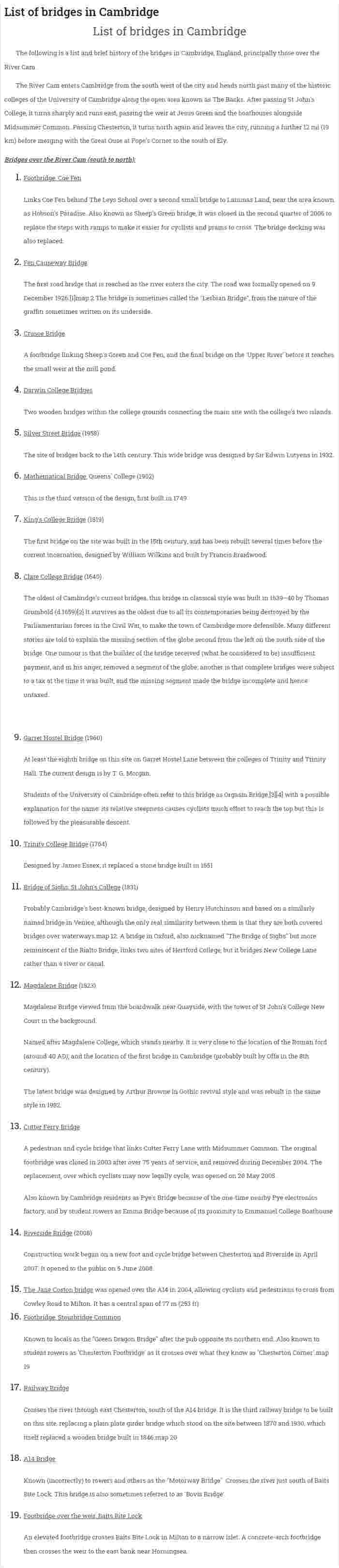 List of bridges in Cambridge