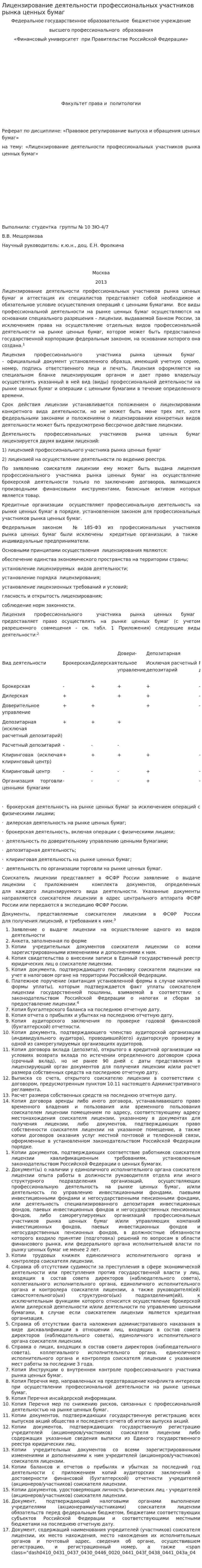 Лицензирование деятельности профессиональных участников рынка ценных бумаг