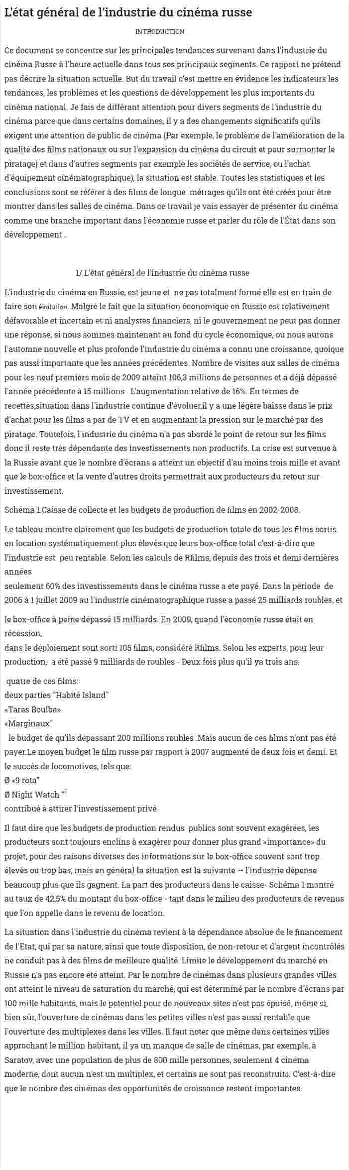 L'état général de l'industrie du cinéma russe