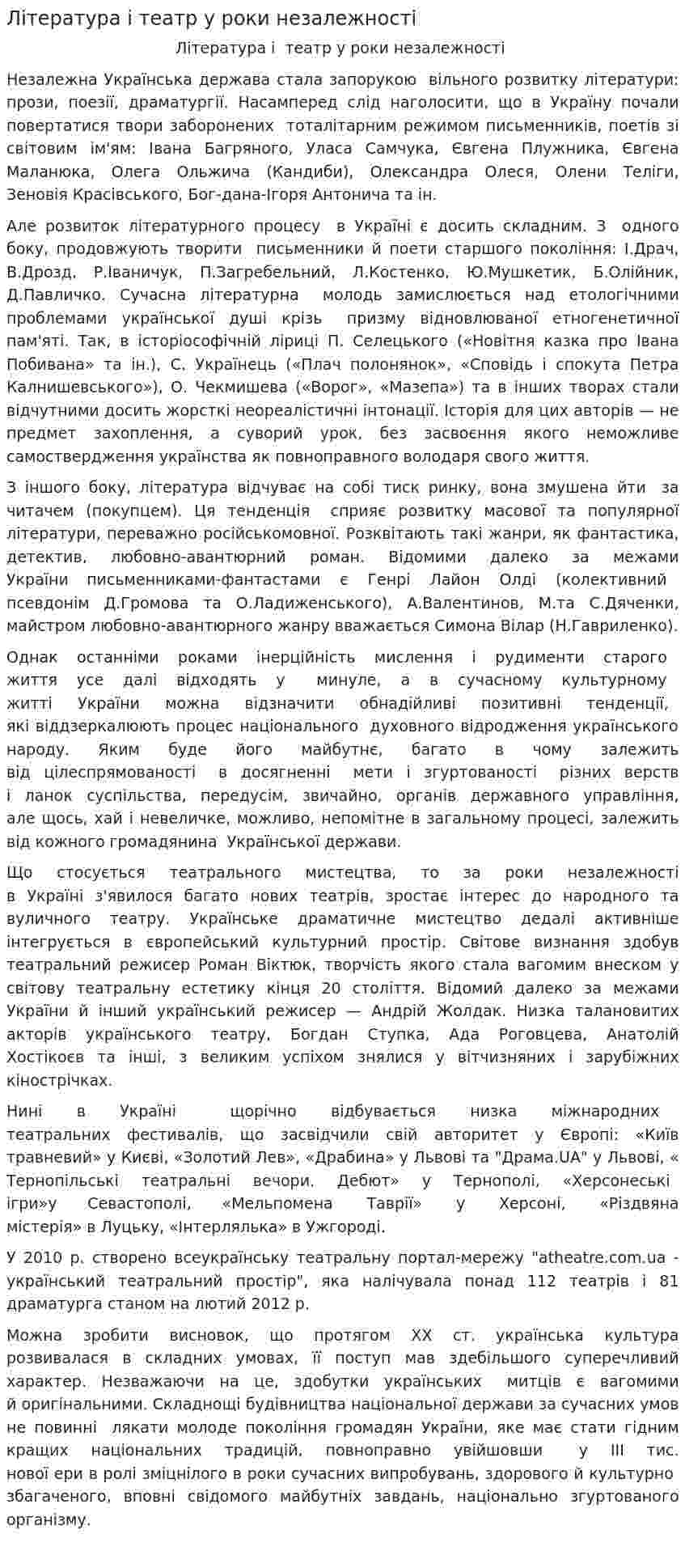 Література і театр у роки незалежності