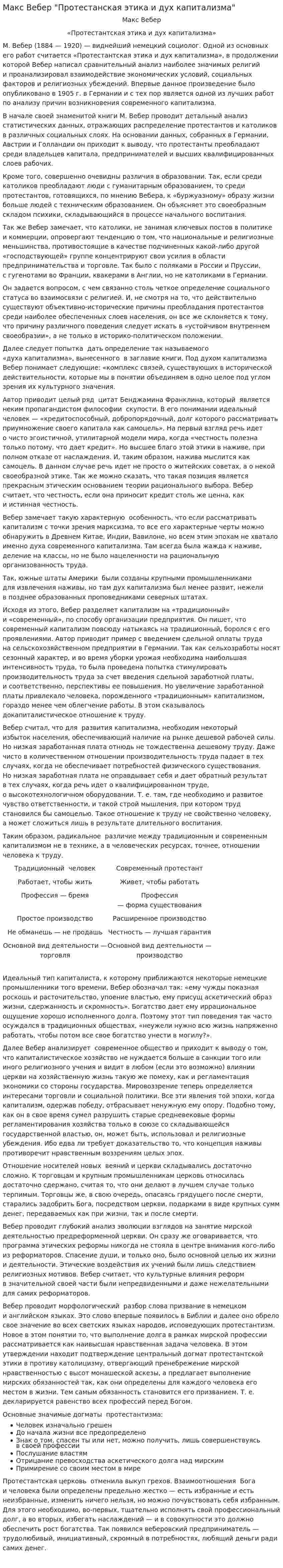 Макс Вебер "Протестанская этика и дух капитализма"