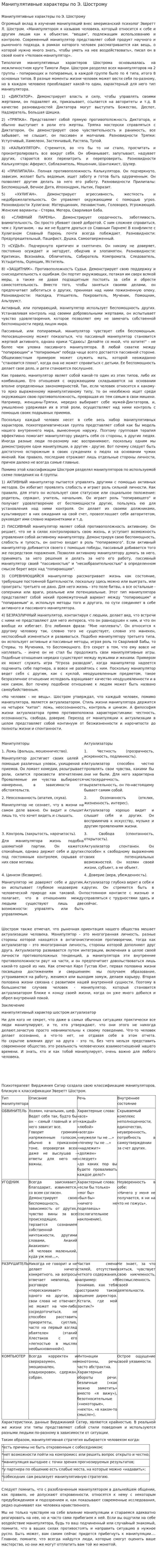 Манипулятивные характеры по Э. Шострому