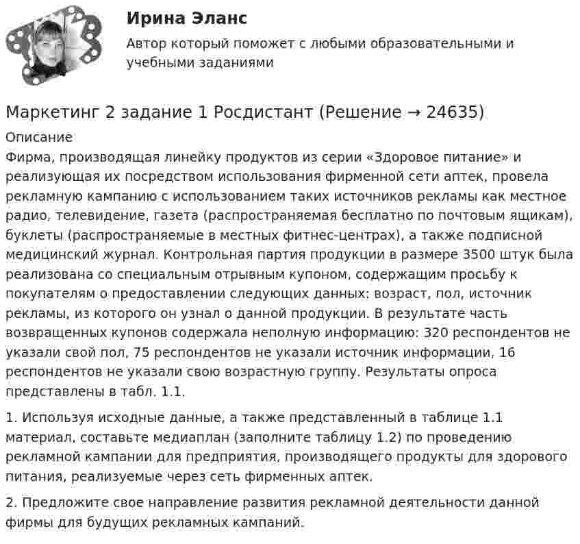     
          Описание
          Фирма, производящая линейку продуктов из серии «Здоровое питание» и реализующая их посредством использования фирменной сети аптек, провела рекламную кампанию с использованием таких источников рекламы как местное радио, телевидение, газета (распространяемая бесплатно по почтовым ящикам), буклеты (распространяемые в местных фитнес-центрах), а также подписной медицинский журнал. Контрольная партия продукции в размере 3500 штук была реализована со специальным отрывным купоном, содержащим просьбу к покупателям о предоставлении следующих данных: возраст, пол, источник рекламы, из которого он узнал о данной продукции. В результате часть возвращенных купонов содержала неполную информацию: 320 респондентов не указали свой пол, 75 респондентов не указали источник информации, 16 респондентов не указали свою возрастную группу. Результаты опроса представлены в табл. 1.1.	1. Используя исходные данные, а также представленный в таблице 1.1 материал, составьте медиаплан (заполните таблицу 1.2) по проведению рекламной кампании для предприятия, производящего продукты для здорового питания, реализуемые через сеть фирменных аптек. 	2. Предложите свое направление развития рекламной деятельности данной фирмы для будущих рекламных кампаний.  
            
            
            Маркетинг 2 Задание 1Маркетинг 2 задание 1 РосдистантМаркетинг 2 задание 2 РосдистантМаркетинг 2 практическая Маркетинг 2 формирование спроса и стимулирование спросаМаркетинг 3 курс Синергия Маркетинг 3 практическая.  Оценка конкурентного положения и конкурентоспособностиМаркетинг 1Маркетинг 1Маркетинг 1. 72 вопроса💯 Маркетинг (1) (правильные ответы на тест Синергия / МОИ / МТИ / МосАП)💯 Маркетинг (1) (правильные ответы на тест Синергия / МОИ / МТИ / МосАП, август 2023)Маркетинг (1). Синергия. Ответы на ИТОГОВЫЙ ТЕСТ. На отлично!Маркетинг 2