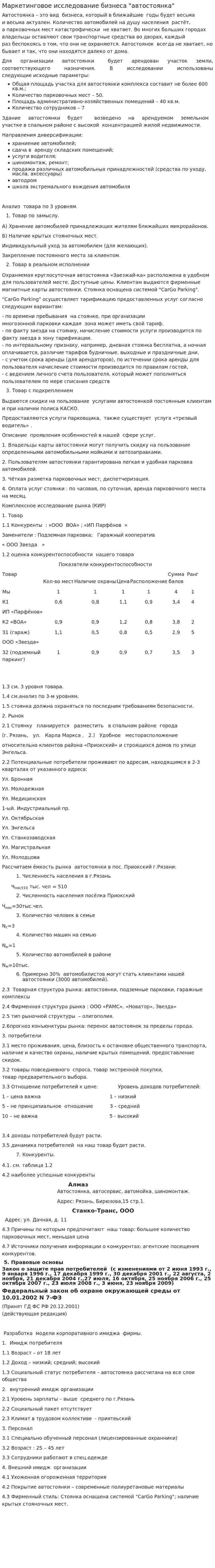 Маркетинговое исследование бизнеса "автостоянка"