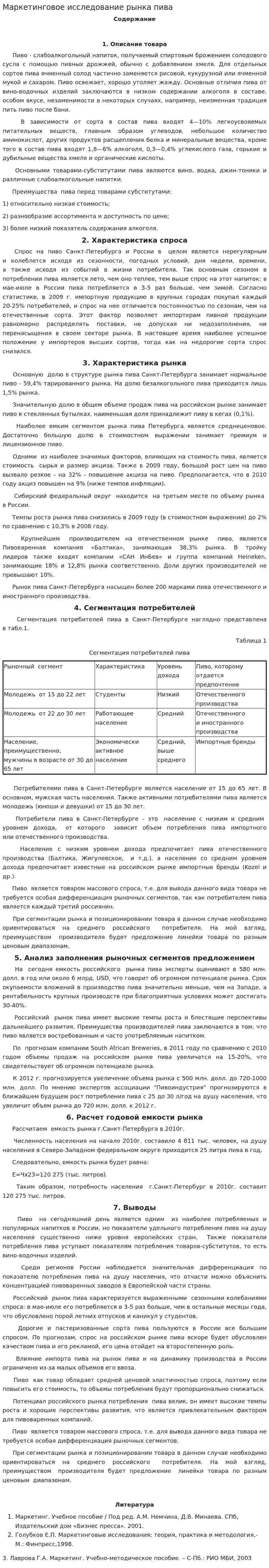 Маркетинговое исследование рынка пива