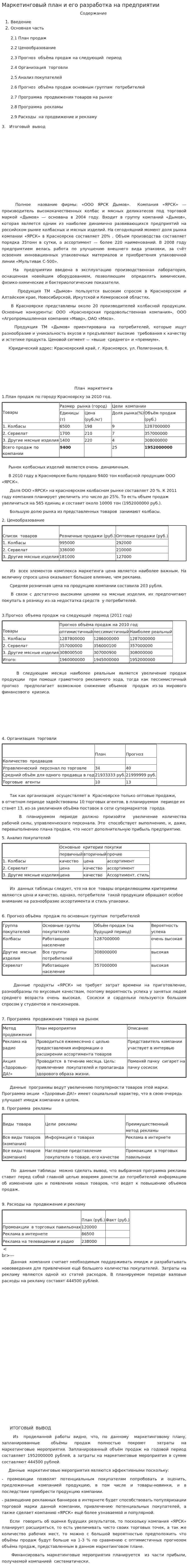 Маркетинговый план и его разработка на предприятии
