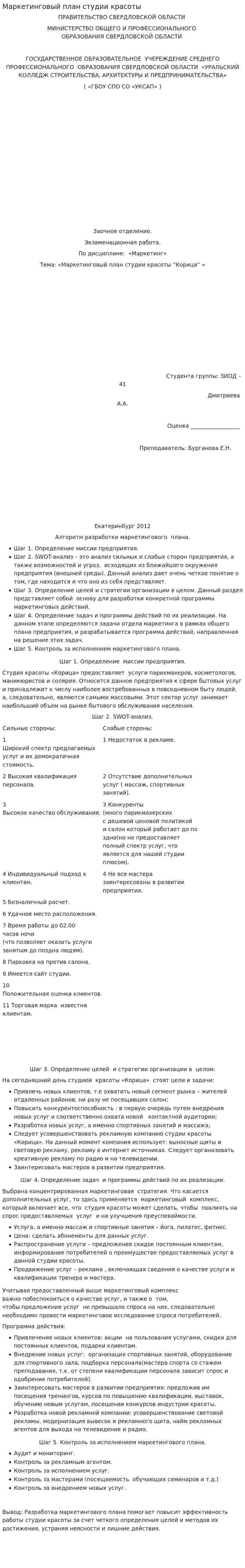 Маркетинговый план студии красоты