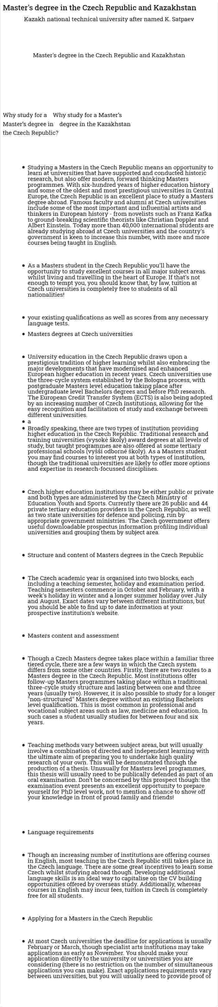 Master's degree in the Czech Republic and Kazakhstan