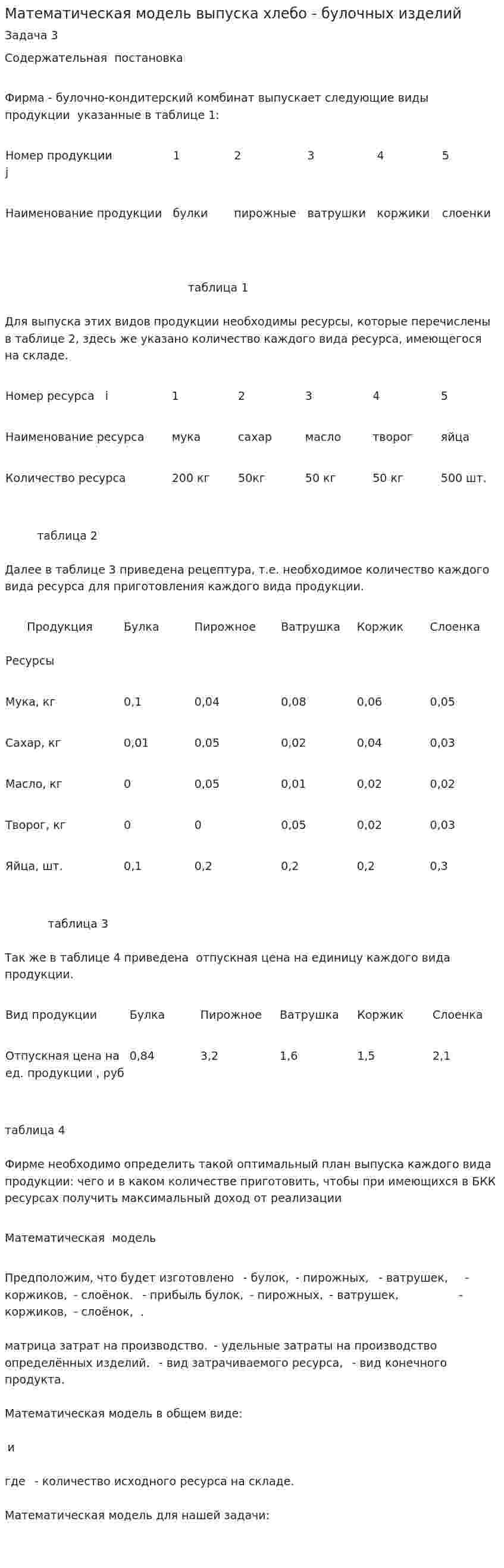 Математическая модель выпуска хлебо - булочных изделий