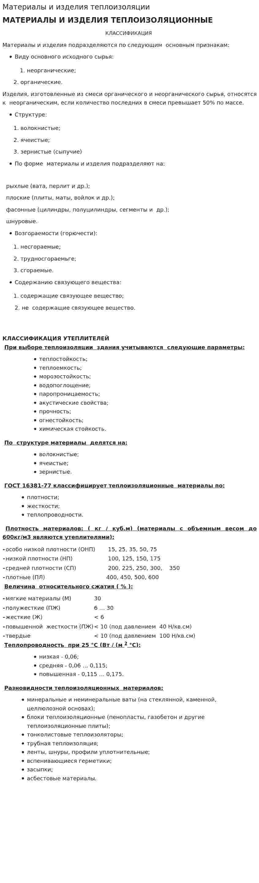 Материалы и изделия теплоизоляции