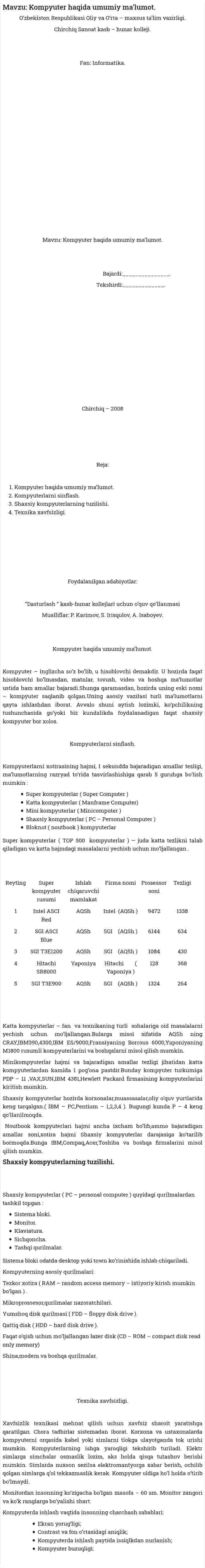 Mavzu: Kompyuter haqida umumiy ma’lumot.