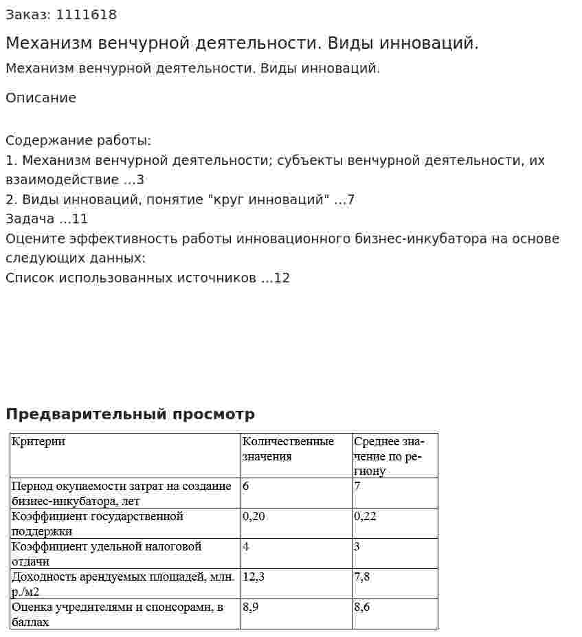 Механизм венчурной деятельности. Виды инноваций. (контрольная работа) 