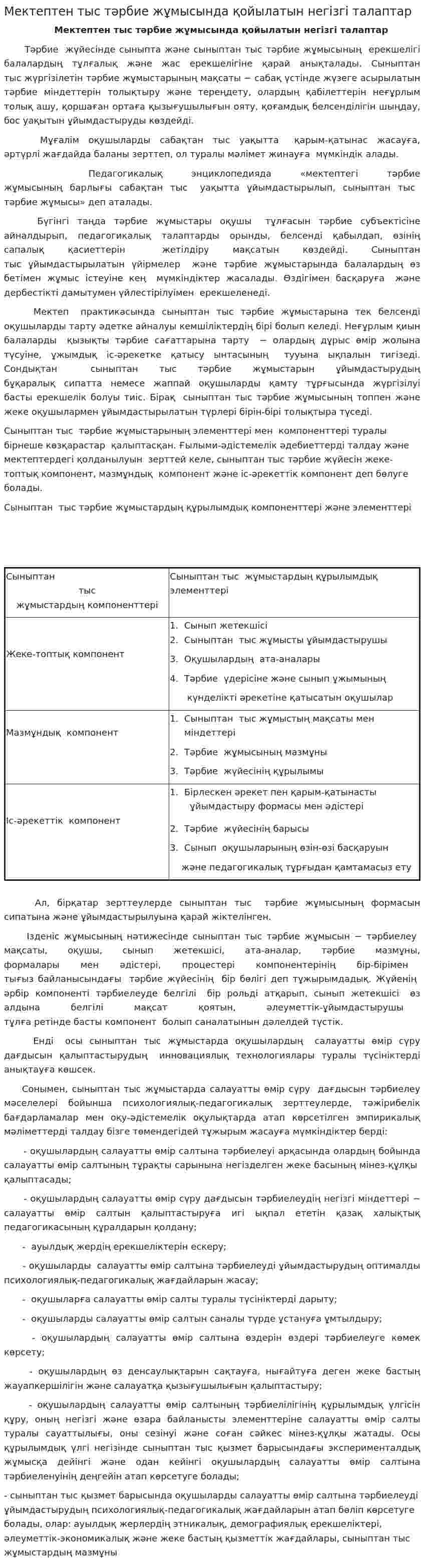 Мектептен тыс тәрбие жұмысында қойылатын негізгі талаптар