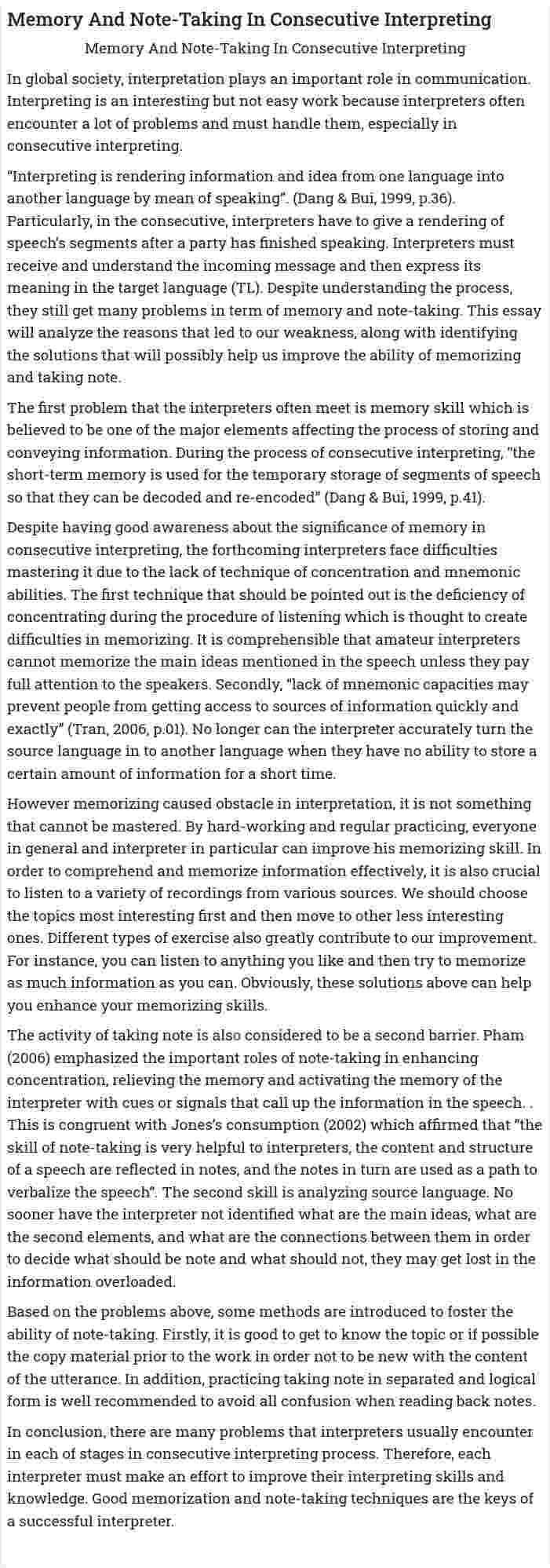 Memory And Note-Taking In Consecutive Interpreting