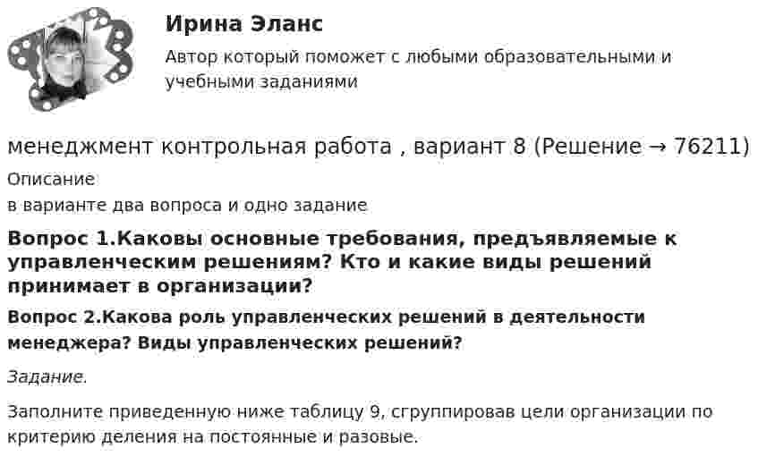     
            Описание
            в варианте два вопроса и одно заданиеВопрос 1.Каковы основные требования, предъявляемые к управленческим решениям? Кто и какие виды решений принимает в организации?Вопрос 2.Какова роль управленческих решений в деятельности менеджера? Виды управленческих решений?Задание. Заполните приведенную ниже таблицу 9, сгруппировав цели организации по критерию деления на постоянные и разовые.   
            
            
            менеджмент контрольная работа в 8менеджмент контрольная работа , вариант 8Менеджмент / Менеджмент.ои(dor) (ответы на тест Синергия / МТИ / МОИ / МосАП)Менеджмент ММУ 2023г.💯 Менеджмент нефтегазового комплекса.фмен_БАК (ответы на тест Синергия / МОИ / МТИ / МосАП, декабрь 2023)Менеджмент НСПК ДОУА тестовые вопросы к разделу 1Менеджмент НСПК ДОУА тестовые вопросы к разделу 2Менеджмент как наука сущность, структура и содержаниеМенеджмент качестваМенеджмент качества образовательного процесса Синергия МФПУ тесты (все ответы 97/100⭐баллов)Менеджмент качества образовательного процесса (тест с ответами Синергия/МОИ/ МТИ /МОСАП)Менеджмент качества услуг предприятий РГБМенеджмент киберспортивных клубов и площадок (тест с ответами Синергия/МОИ/ МТИ)Менеджмент   Комплексное задание НСПК