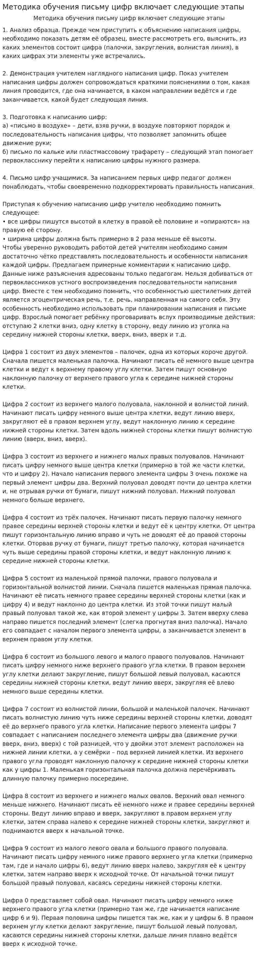 Методика обучения письму цифр включает следующие этапы