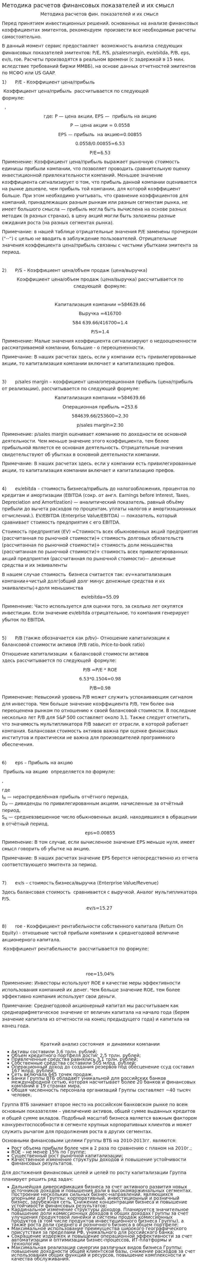 Методика расчетов финансовых показателей и их смысл