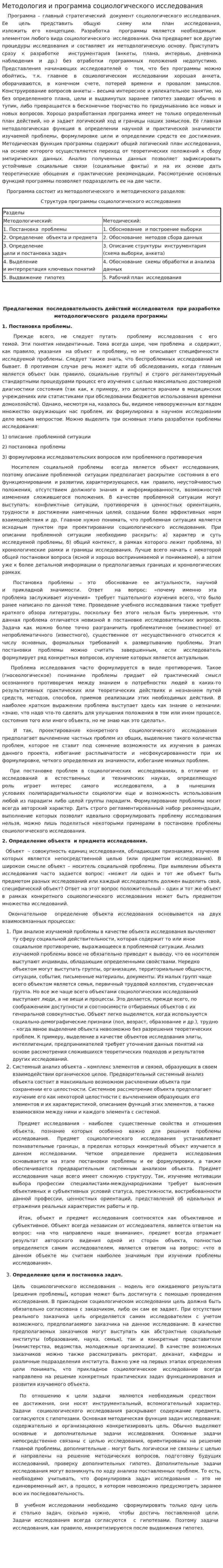 Методология и программа социологического исследования