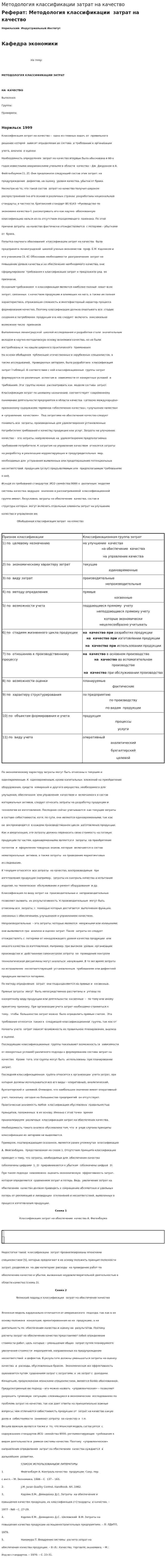 Методология классификации затрат на качество