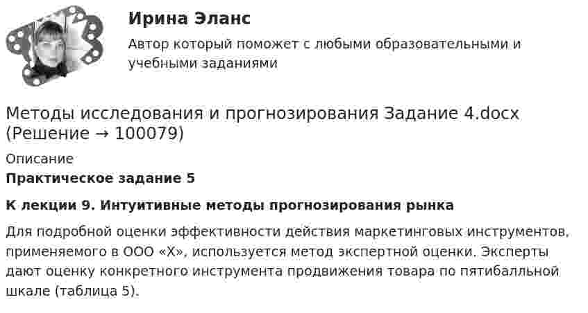      
            Описание
             Практическое задание 5 К лекции 9. Интуитивные методы прогнозирования рынка	Для подробной оценки эффективности действия маркетинговых инструментов, применяемого в ООО «Х», используется метод экспертной оценки. Эксперты дают оценку конкретного инструмента продвижения товара по пятибалльной шкале (таблица 5).   
            
            
            Методы исследования и прогнозирования Задание 3Методы исследования и прогнозирования Задание 4.docx ... методы исследования ориентированы на изучение индивидуально-специфичного, уникального, они предполагают сбор информации в свободной форме и фокусируются не на статистических измерениях, а опираются на понимание, объяснение и интерпретациюМетоды исследования рынка гостиничных услуг 2 задания СибУПКМетоды исследования рынка гостиничных услуг задание  1 и 2Методы исследования рынка гостиничных услуг итоговыйтест СИБУПКМетоды и технологии прикладной информатикиМетоды и средства проектирования информационных технологий// СИНЕРГИЯ//МОСапМетоды и средства проектирования ИСиТМетоды исследования в менеджменте (2023.г) тест с ответами магистратура СинергияМетоды исследования в менеджменте. Синергия. ✅ Ответы на ИТОГОВЫЙ ТЕСТ. На отлично!Методы исследования в менеджменте. Тест для сдачи в МФПУ Синергия Методы исследования в менеджменте (тест с ответами Синергия/МОИ/МТИ/МосАП)Методы исследования и прогнозирования Задание 1
