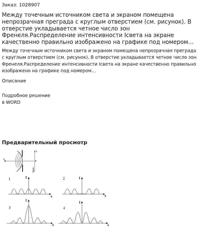Между точечным источником света и экраном помещена непрозрачная преграда с круглым отверстием (см. рисунок). В отверстие укладывается четное число зон Френеля.Распределение интенсивности Iсвета на экране качественно правильно изображено на графике под номером… 