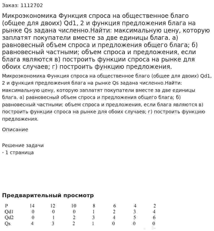 Микроэкономика Функция спроса на общественное благо (общее для  двоих) Qd1, 2 и функция предложения блага на рынке Qs задана численно.Найти: максимальную цену, которую заплатят покупатели вместе за две единицы блага.  а) равновесный объем спроса и предложения общего блага;   б)  равновесный частными; объем спроса и предложения,  если блага являются   в) построить функции спроса на рынке для обоих случаев; г) построить функцию предложения. 