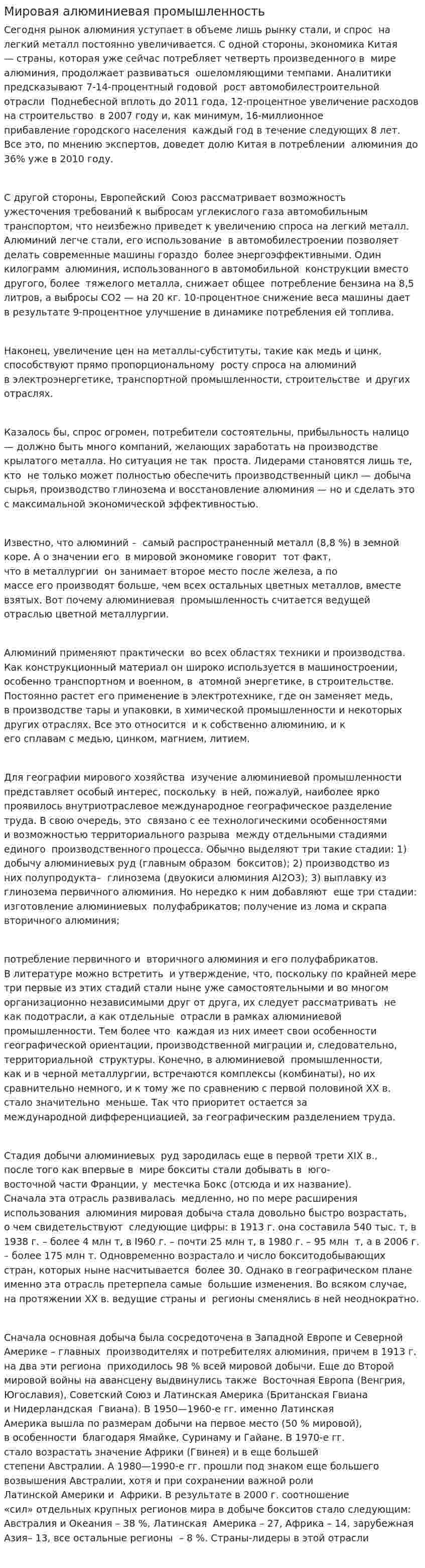 Мировая алюминиевая промышленность