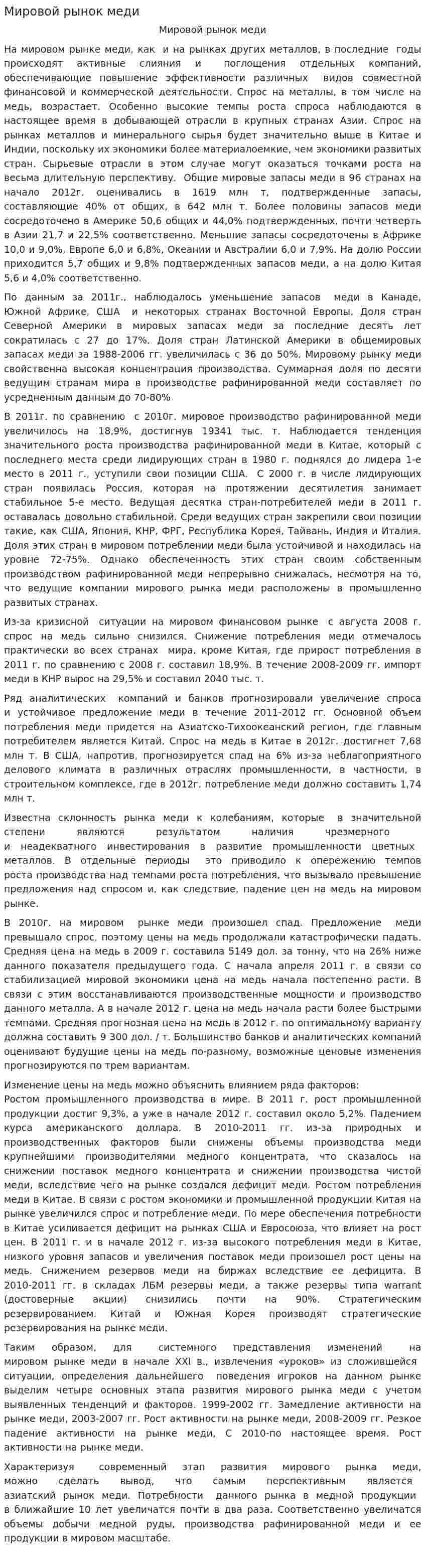 Мировой рынок меди