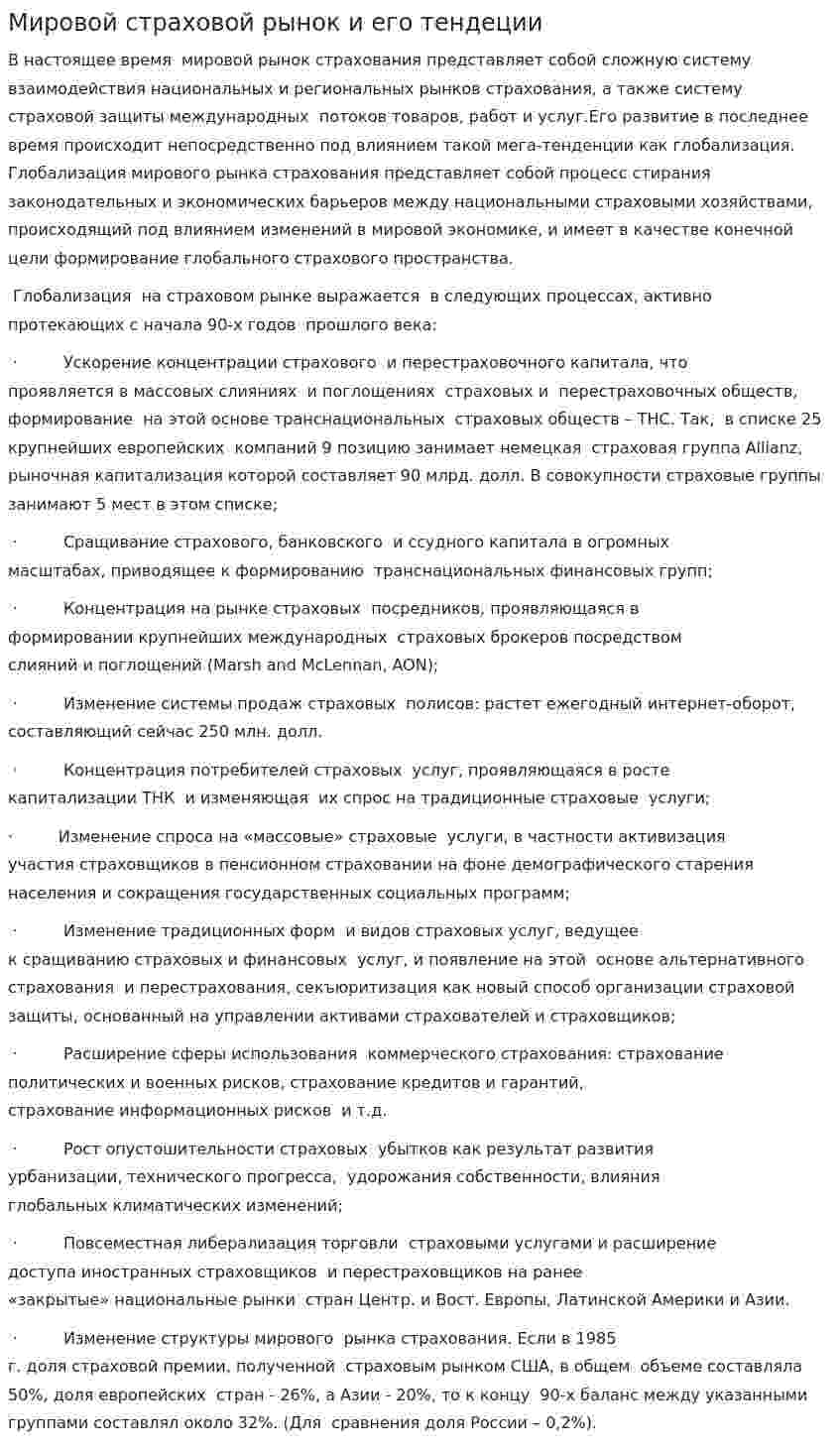 Мировой страховой рынок и его тендеции