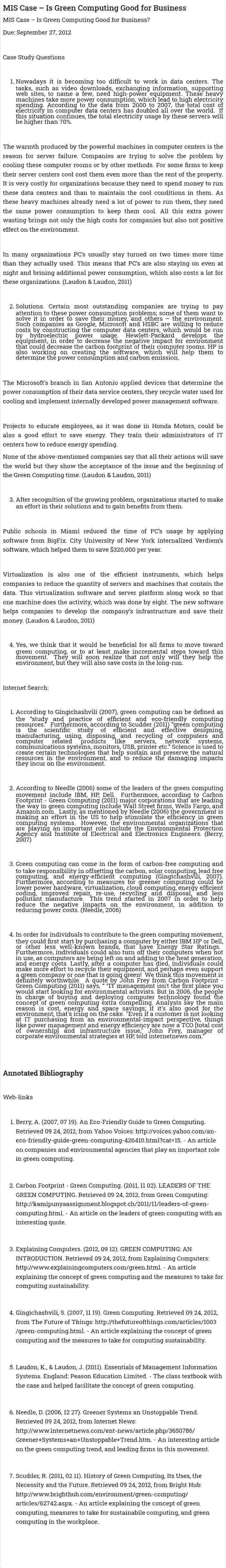 MIS Case – Is Green Computing Good for Business