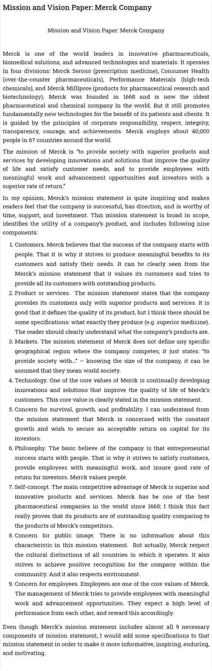 Mission and Vision Paper: Merck Company
