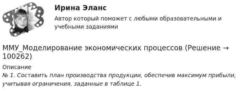      
            Описание
            № 1. Составить план производства продукции, обеспечив максимум прибыли, учитывая ограничения, заданные в таблице 1.   
            
            
            ММУ_Метод принятие управ.решенийММУ_Моделирование экономических процессовММУ Налоговая система Российской ФедерацииММУ_Организация и планирование производстваММУ Практикум по культуре речевого общения английского языкаММУ Практикум по психоконсультированиюММУ Практическая работа 2023 СтатистикаММУ Английский язык тестММУ Бухгалтерская финансовая отчетность ММУ_Бухгалтерский учет и анализММУ. ВВЕДЕНИЕ В ПРОФЕССИЮ ПО ЖУРНАЛИСТИКЕ. (1/1)ММУ. ИСТОРИЯ ЗАРУБЕЖНОЙ ЛИТЕРАТУРЫ ( 1/6 )ММУ Кросс-культурные коммуникацииММУ_Менеджмент