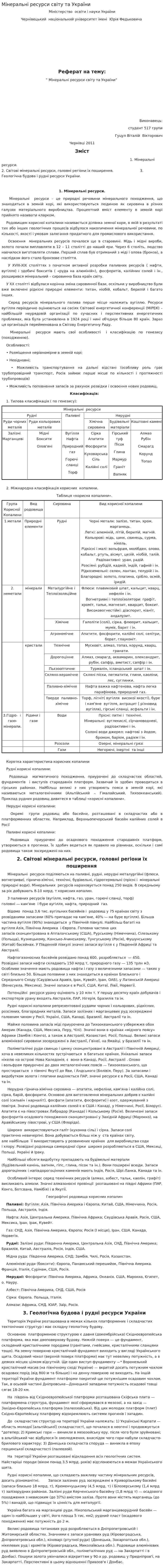 Мінеральні ресурси світу та України. 2