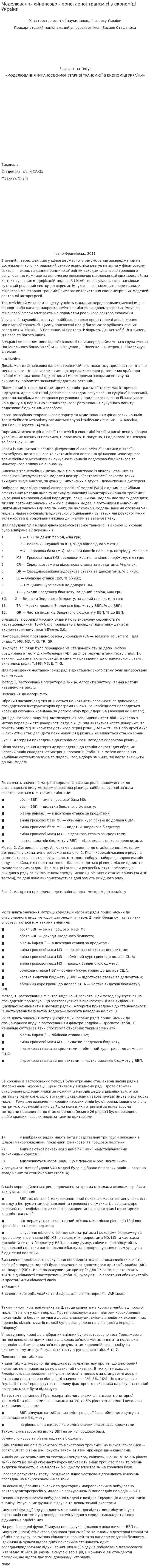 Моделювання фiнансово - монетарноi трансмiсi в економiцi Украiни