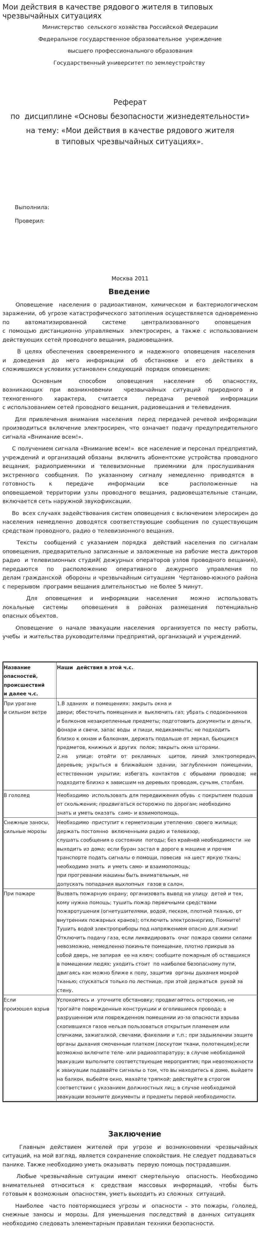 Мои действия в качестве рядового жителя в типовых чрезвычайных ситуациях