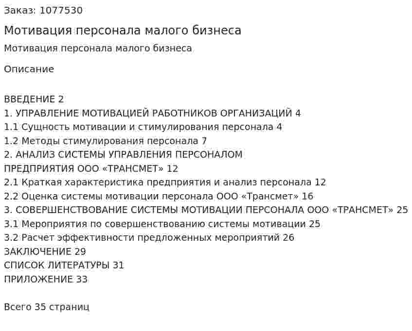 Мотивация персонала малого бизнеса (курсовая работа) 