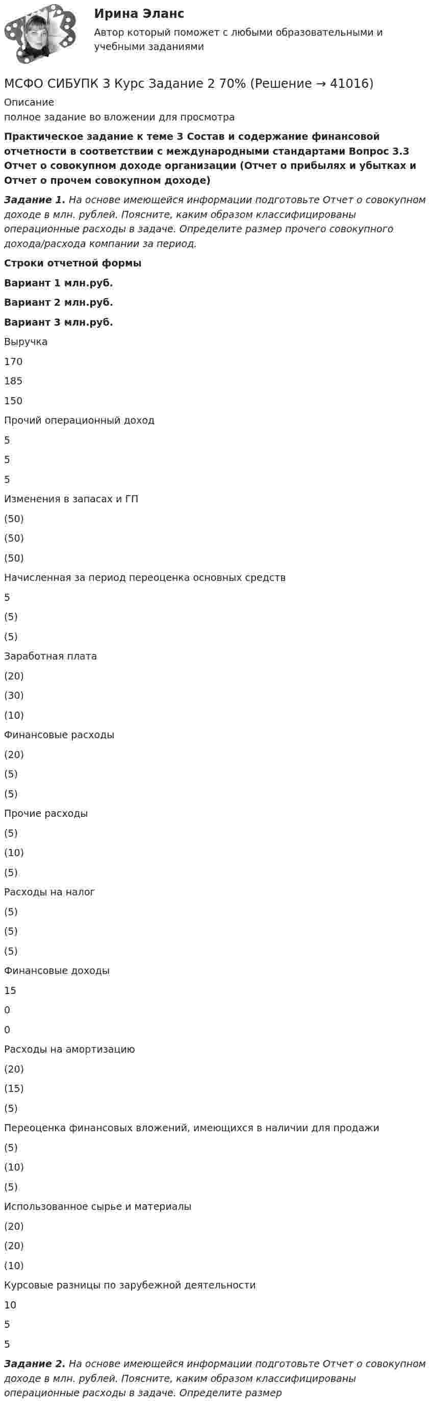     
          Описание
          полное задание во вложении для просмотра Практическое задание к теме 3 Состав и содержание финансовой отчетности в соответствии с международными стандартами Вопрос 3.3 Отчет о совокупном доходе организации (Отчет о прибылях и убытках и Отчет о прочем совокупном доходе)   Задание 1.  На основе имеющейся информации подготовьте Отчет о совокупном доходе в млн. рублей. Поясните, каким образом классифицированы операционные расходы в задаче. Определите размер прочего совокупного дохода/расхода компании за период.   Строки отчетной формы  Вариант 1 млн.руб. Вариант 2 млн.руб. Вариант 3 млн.руб.   Выручка  170 185 150   Прочий операционный доход  5 5 5   Изменения в запасах и ГП (50) (50) (50)   Начисленная за период переоценка основных средств 5 (5) (5)   Заработная плата (20) (30) (10)   Финансовые расходы (20) (5) (5)   Прочие расходы  (5) (10) (5)   Расходы на налог (5) (5) (5)   Финансовые доходы 15 0 0   Расходы на амортизацию (20) (15) (5)   Переоценка финансовых вложений, имеющихся в наличии для продажи (5) (10) (5)   Использованное сырье и материалы (20) (20) (10)   Курсовые разницы по зарубежной деятельности 10 5 5 Задание 2.  На основе имеющейся информации подготовьте Отчет о совокупном доходе в млн. рублей. Поясните, каким образом классифицированы операционные расходы в задаче. Определите размер   
            
            
            МСФО СИБУПК 3 Курс Задание 1 80%МСФО СИБУПК 3 Курс Задание 2 70%МСФО СИБУПК 3 Курс Задание 3 70%МСФО СИБУПК 3 Курс Задание 4 70%МСФО СИБУПК 3 Курс Тест 1,2 100%[МТИ] Безопасность жизнедеятельности [4 темы] (97/100 баллов + верные ответы на тест МТИ)МТИ Конструкции из дерева и пластмасс Мощность Р двигателя атомного судна составляет 15 МВт, его КПД равен 30%. Определить месячный расход ядерного горючего при работе этого двигателя.Мощность Р излучения шара радиусом R = 10 см при некоторой постоянной температуре Т равна 1 кВт. Определить эту температуру, считая шар серым телом с коэффициентом черноты аТ = 0,25. Мощность трансформатора выбирают Выберите один ответ: a.без учета резервирования b.по расчетной нагрузке с учетом резервирования и аварийной перегрузки c.без учета аварийной перегрузкиМоя профессия. В современном мире транспорт играет важнейшую роль, позволяя людям и вещам перемещаться не только в пределах одной страны, но и в трансграничных направлениях. (МРТ) предстательной железыпредстательной железы: показания и противопоказания, методология, PI-RADS [Ответы]💯 МСГУ Б2022 (Б1.О.07) Социальное взаимодействие в отрасли (ответы на тесты, май 2023)М.С.Пастушков обратился к прокуратуре Санкт-Петербурга с иском о восстановлении на службе в должности помощник прокурора, взыскании денежного довольствия за время вынужденного прогула. 