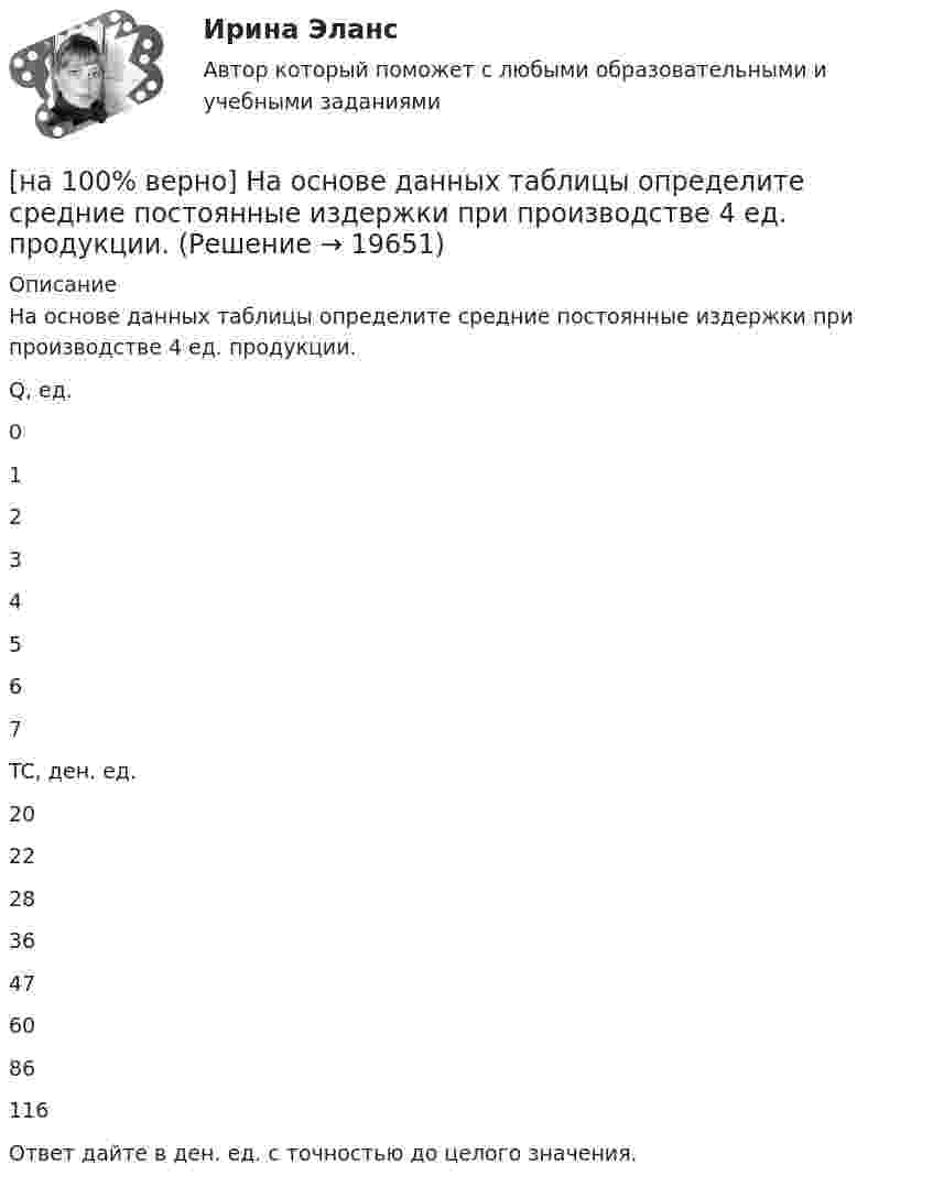     
          Описание
          На основе данных таблицы определите средние постоянные издержки при производстве 4 ед. продукции.Q, ед.01234567TC, ден. ед.20222836476086116Ответ дайте в ден. ед. с точностью до целого значения.  
            
            
            [на 100% верно] На основе данных таблицы определите предельную полезность пятой единицы блага.[на 100% верно] На основе данных таблицы определите средние постоянные издержки при производстве 4 ед. продукции.[на 100% верно] На основе данных таблицы определите средние постоянные издержки при производстве 5 ед. продукции.[на 100% верно] На Пленуме ЦК КПСС 11 марта 1985 г. Генеральным секретарем был избран…  	Ю. B. Андропов.	  	К. У. Черненко.	  	Л. И. Брежнев.	  	М. С. Горбачев.[на 100% верно] Направление философии, единственным объектом которого является человек, – это:[на 100% верно]  На предприятии существует следующий состав основных фондов по группам:[на 100% верно] На рисунке показан график зависимости силы тока от времени в колебательном контуре, индуктивность соленоида которого равна 2 мГн.[на 100% верно] На каком сетевом ресурсе располагается Единый портал государственных и муниципальных услуг?[на 100% верно] На каком сетевом ресурсе располагается интернет-ресурс для размещения общественных инициатив граждан РФ?[на 100% верно] На каком сетевом ресурсе располагается Официальный интернет-портал правовой информации?[на 100% верно] На каком сетевом ресурсе располагается официальный сайт Правительства РФ?[на 100% верно] На карту Карно (см. рисунок) нанесены значения булевой функции f(x, y).[на 100% верно] Наличие количественных ограничений на обмен валюты по отдельным экономическим субъектам в стране свидетельствует о существовании … валюты.[на 100% верно] На мировом рынке присутствуют две страны. На рисунке представлены кривые спроса и предложения товара в каждой стране.