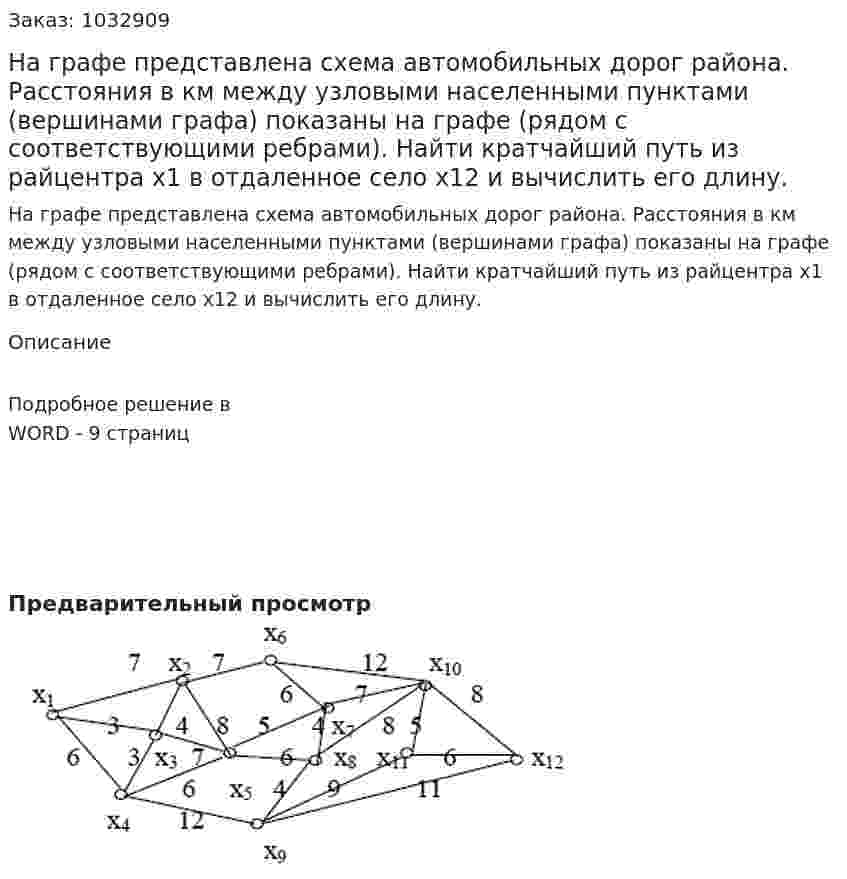На графе представлена схема автомобильных дорог района. Расстояния в км между узловыми населенными пунктами (вершинами графа) показаны на графе (рядом с соответствующими ребрами). Найти кратчайший путь из райцентра х1 в отдаленное село х12 и вычислить его длину. 
